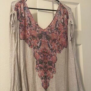 Free People Swing Tunic Top Shirred Tie Shoulders V Neck Raw Asymetrical Hem XS